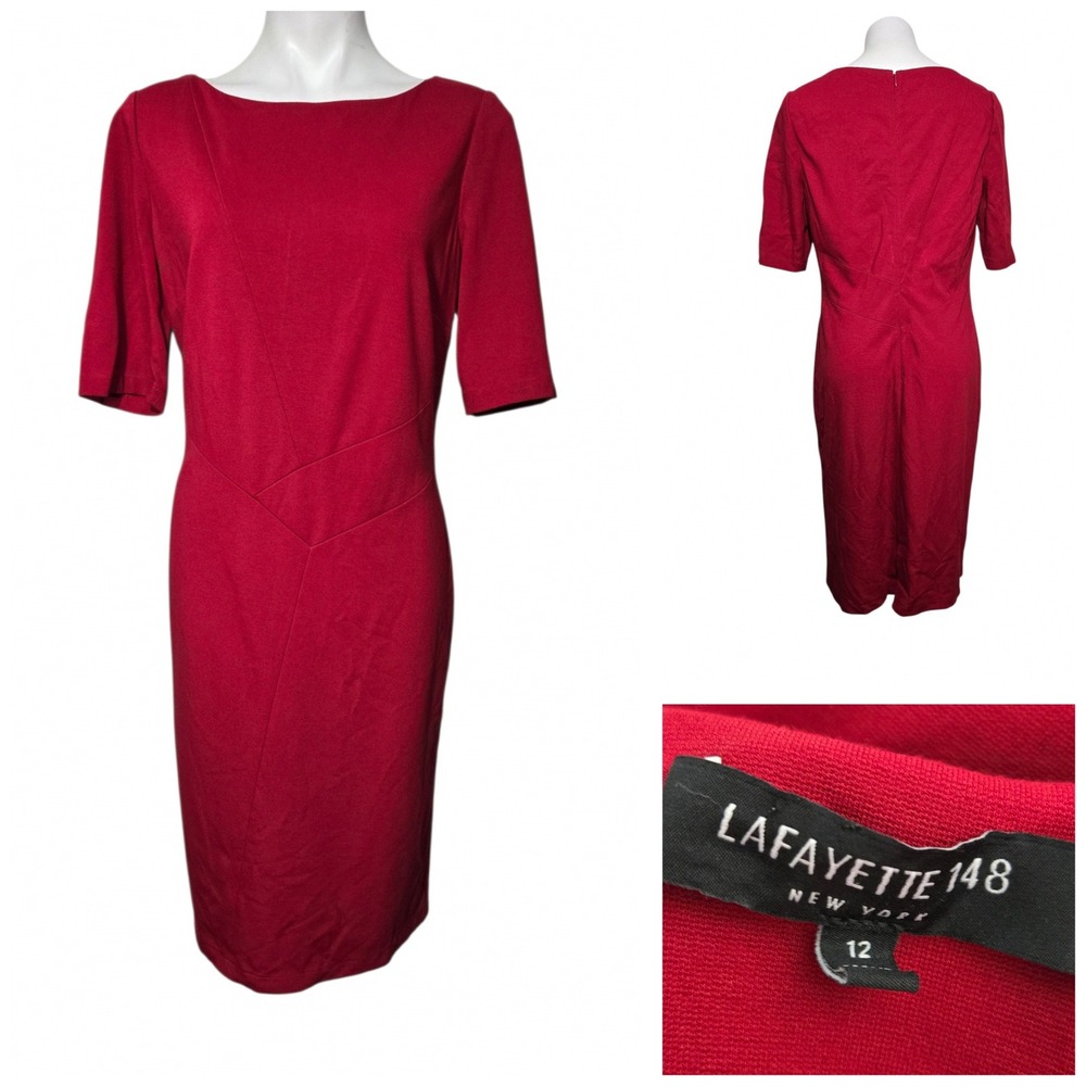 Lafayette 148 New York Red Short Sleeve Boat Neck Sheath Dress Size 12